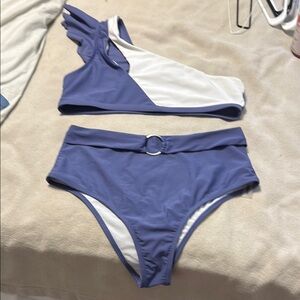 One-Shoulder Blue and White Bikini Set